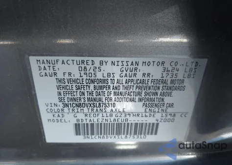 2025 Nissan Versa 1.6 S z USA, uszkodzony, nr VIN 3N1CN8DVXSL875310
